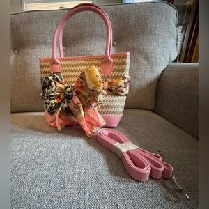 Pink and Tan Women's Tote Bag with Floral Bow
